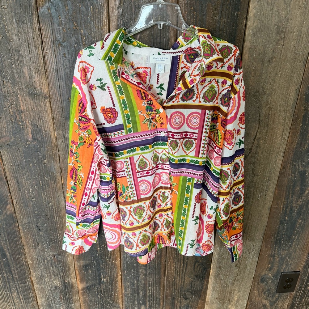 Calypso 100% cotton button front shirt floral patchwork print